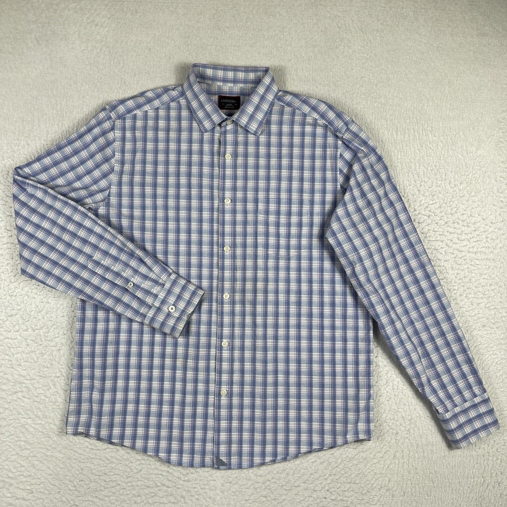 Untuckit Shirt Mens Large Blue Purple Plaid Casual‎ Preppy Workwear Office Job